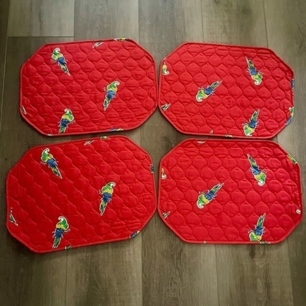 Set 4 Red Parrot‎ Bird Quilted Placemats Tiki 1980s Tropical Summer Outdoors